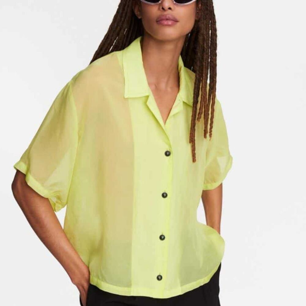 Women's Sheer Neon Yellow Button-Up Top